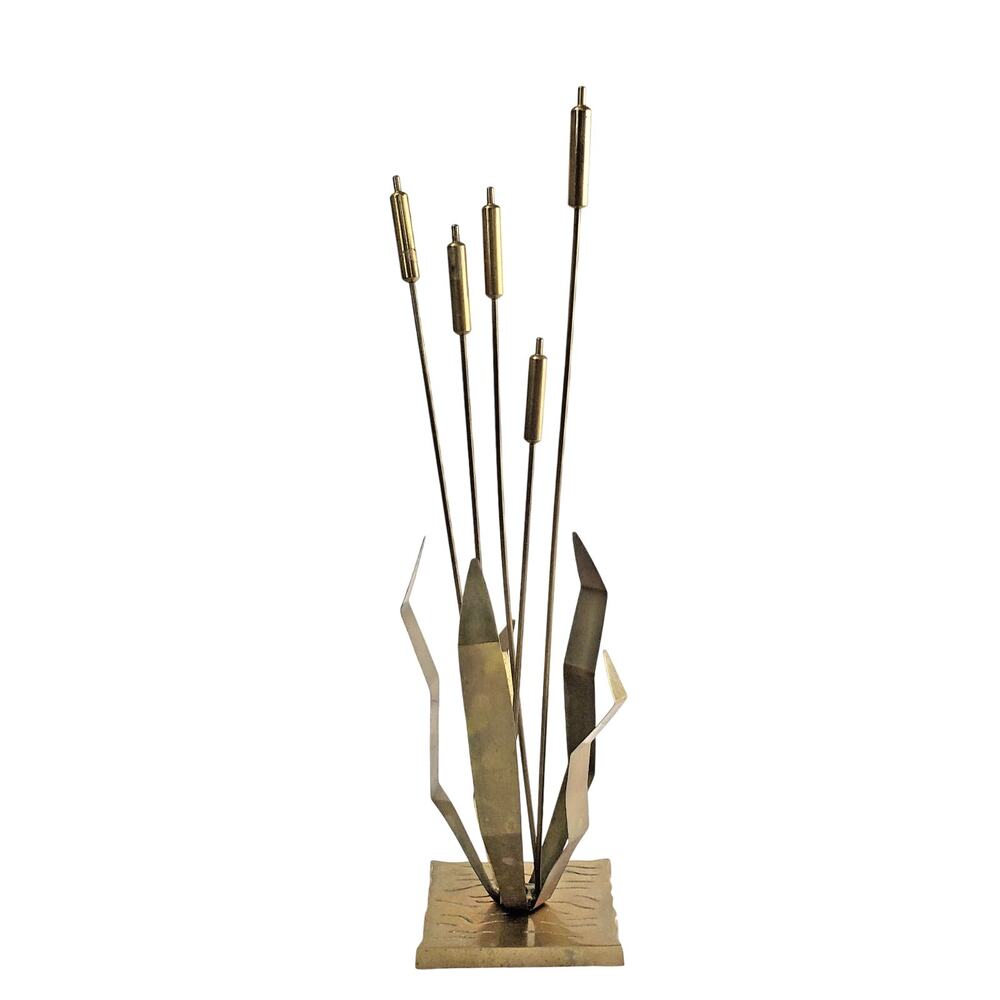 Vintage Brass Cattail On Water Sculpture Mid Century Modern Home Decor 16” Tall